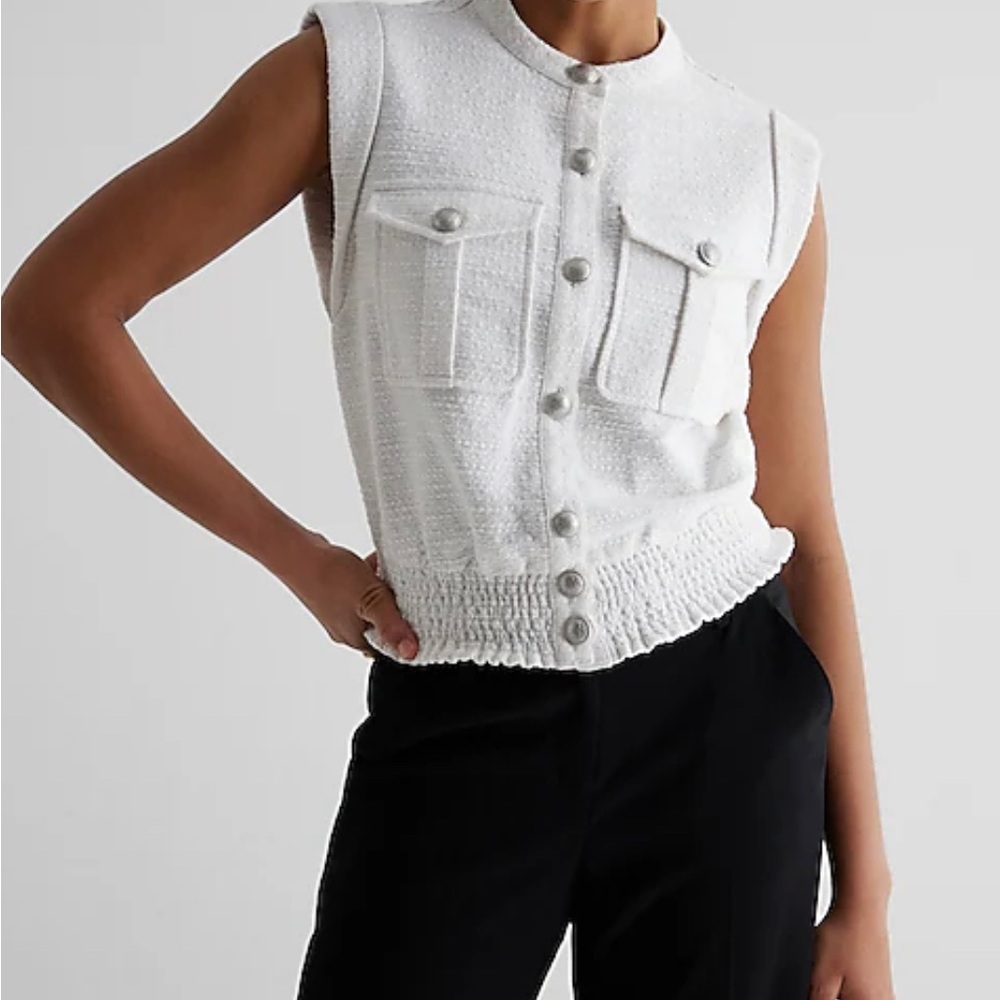 Express NWT Tweed Button Up Smocked Bottom Utility Top